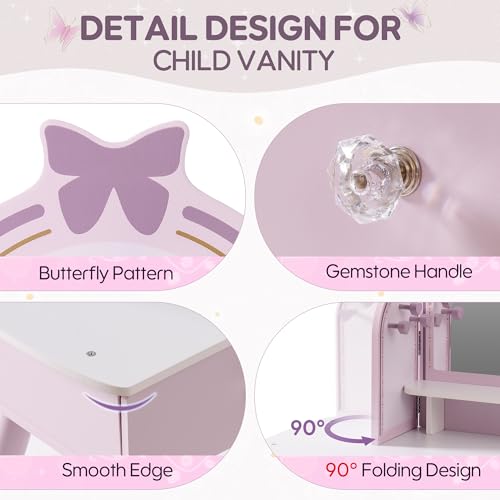 Purple Kids Vanity Set with Mirror, Chair and Storage Drawers J119