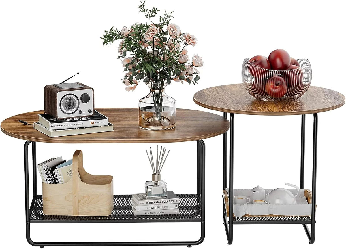 Round Nesting Coffee Table Set of 2 with Metal Frame O8883