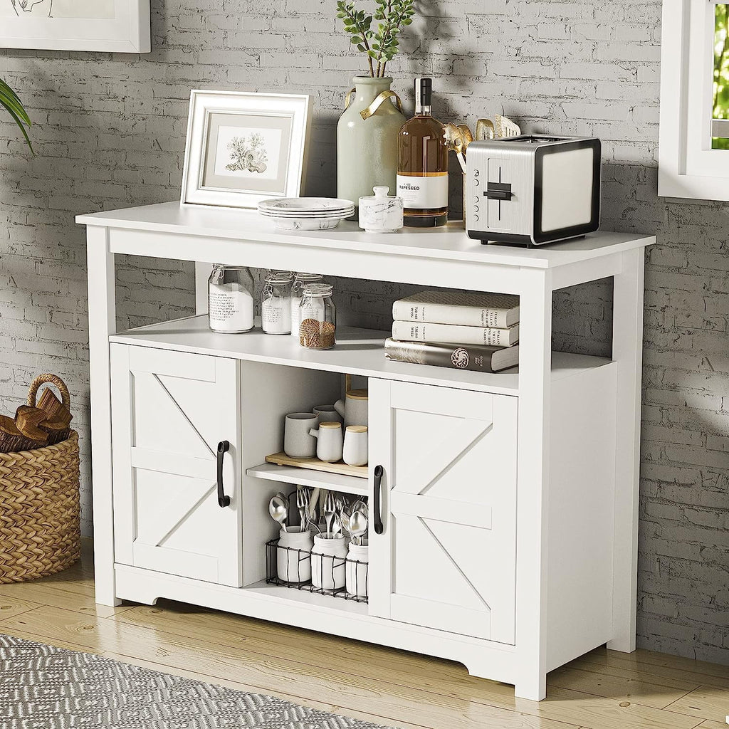 White Farmhouse Kitchen Buffet Storage Cabinet with Doors and Adjustable Shelves T9864