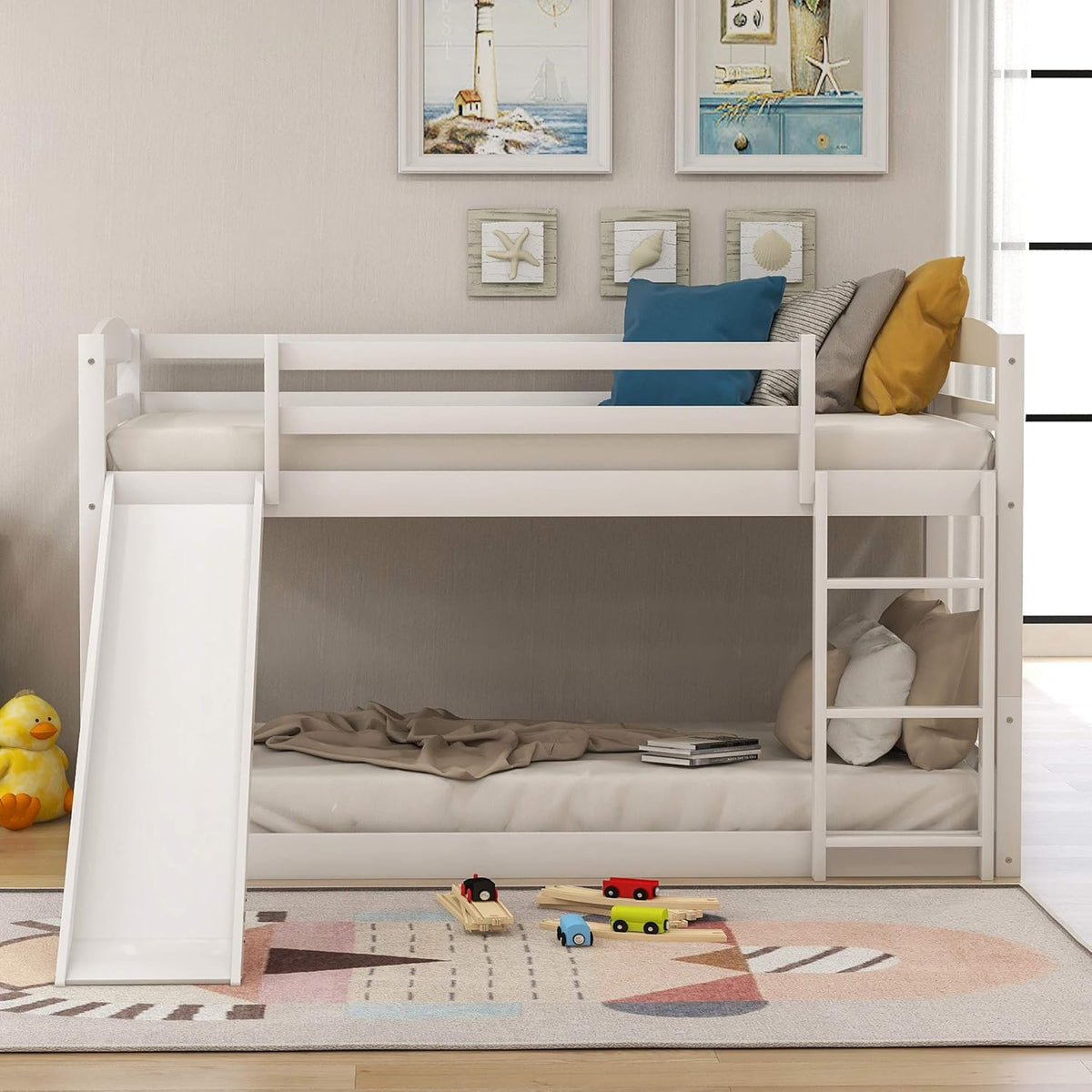 Twin Over Twin Bunk Bed with Slide and Ladder Grey M721