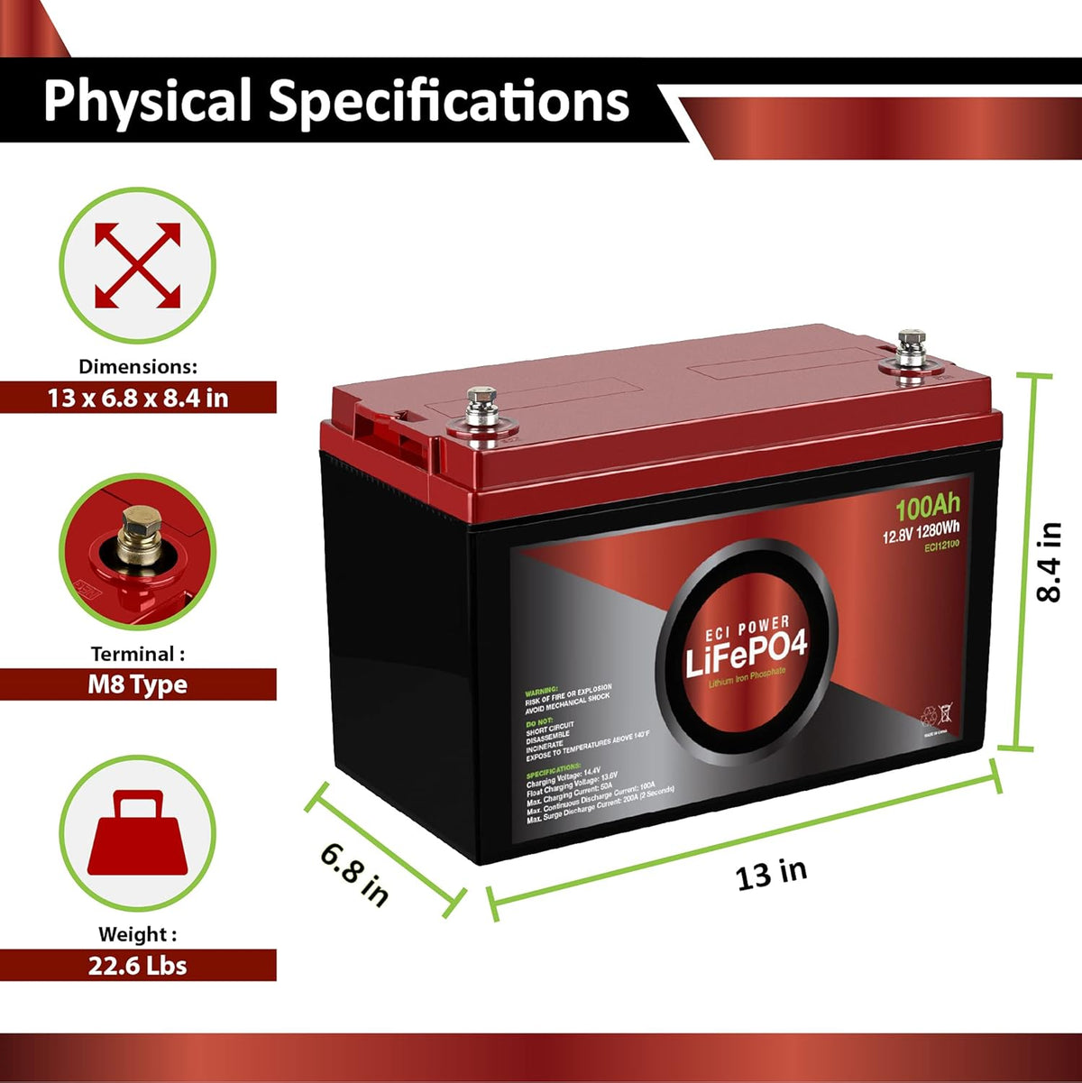 12V 100Ah Lithium LiFePO4 Deep Cycle Rechargeable Battery O1974