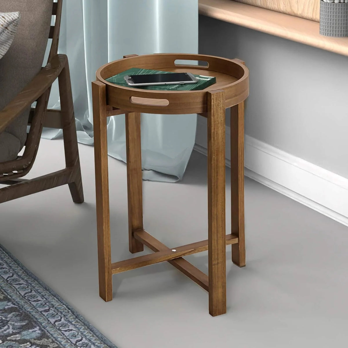 15” Round Wooden Side Tray Table P494