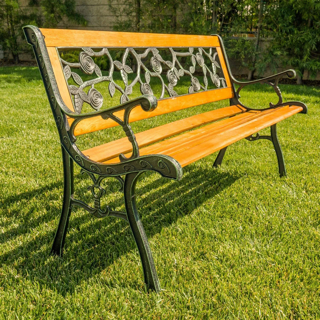 50" Wood Garden Bench with Flower Pattern Backrest K9752