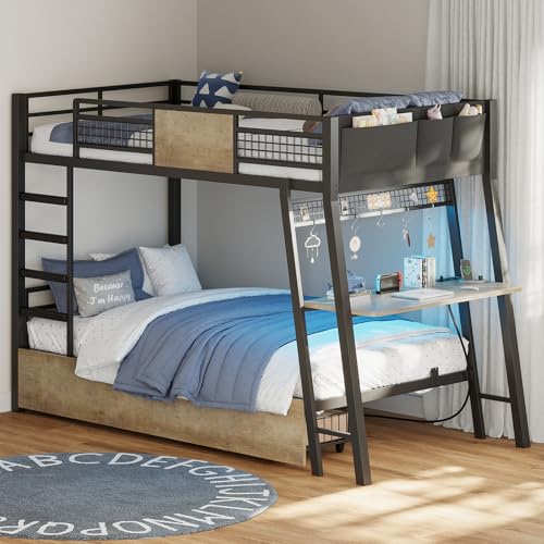 Twin Over Twin Metal Bunk Bed with Desk and Storage Drawers R971