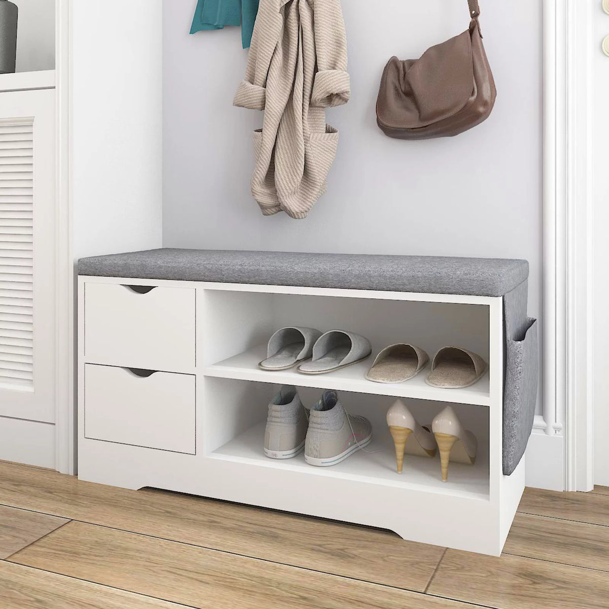 White 2-Tier Shoe Storage Bench with Drawer and Cushion W90609