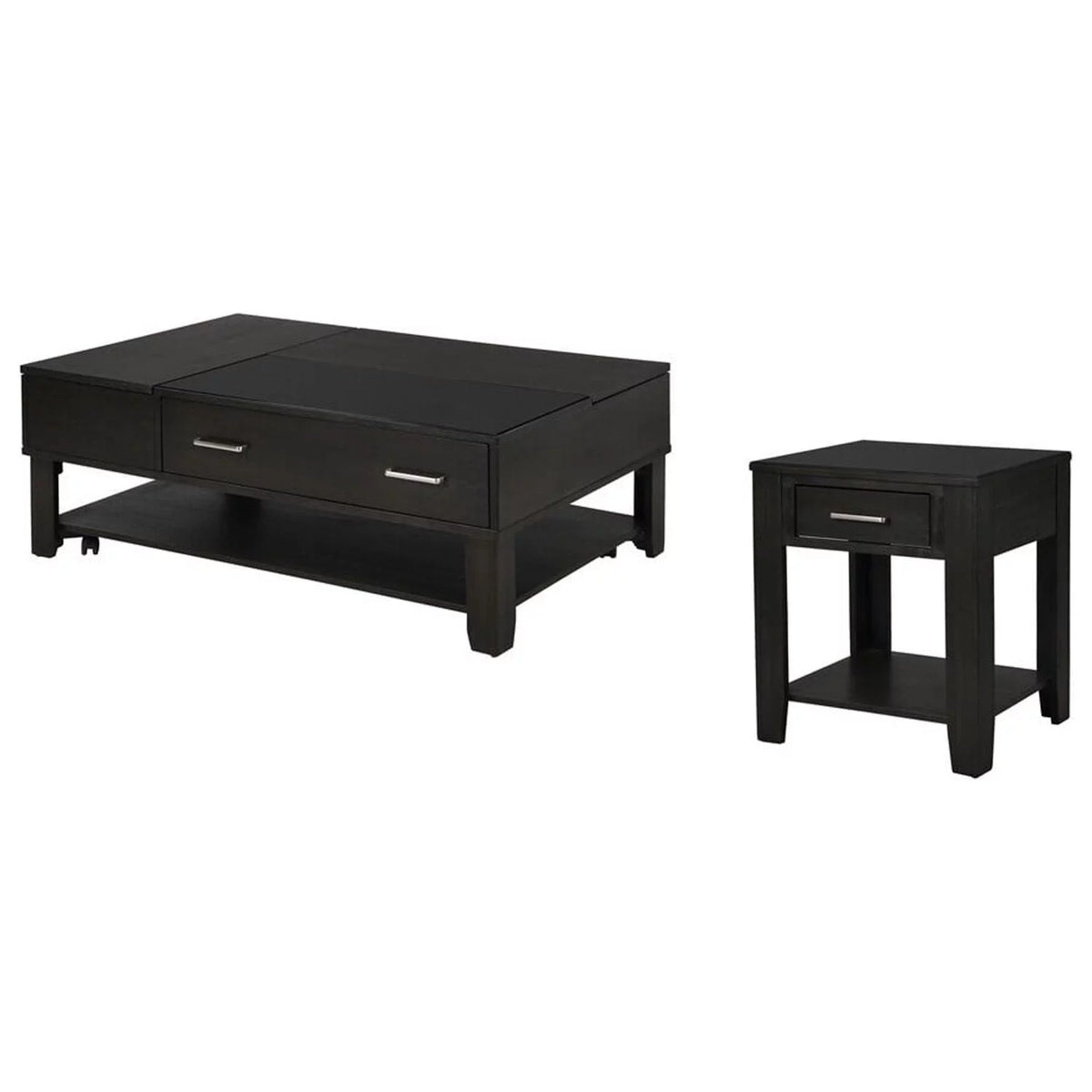 Ash Gray Wooden Lift Top Coffee And End Table Set With Tempered Glass Top And Drawer N309258