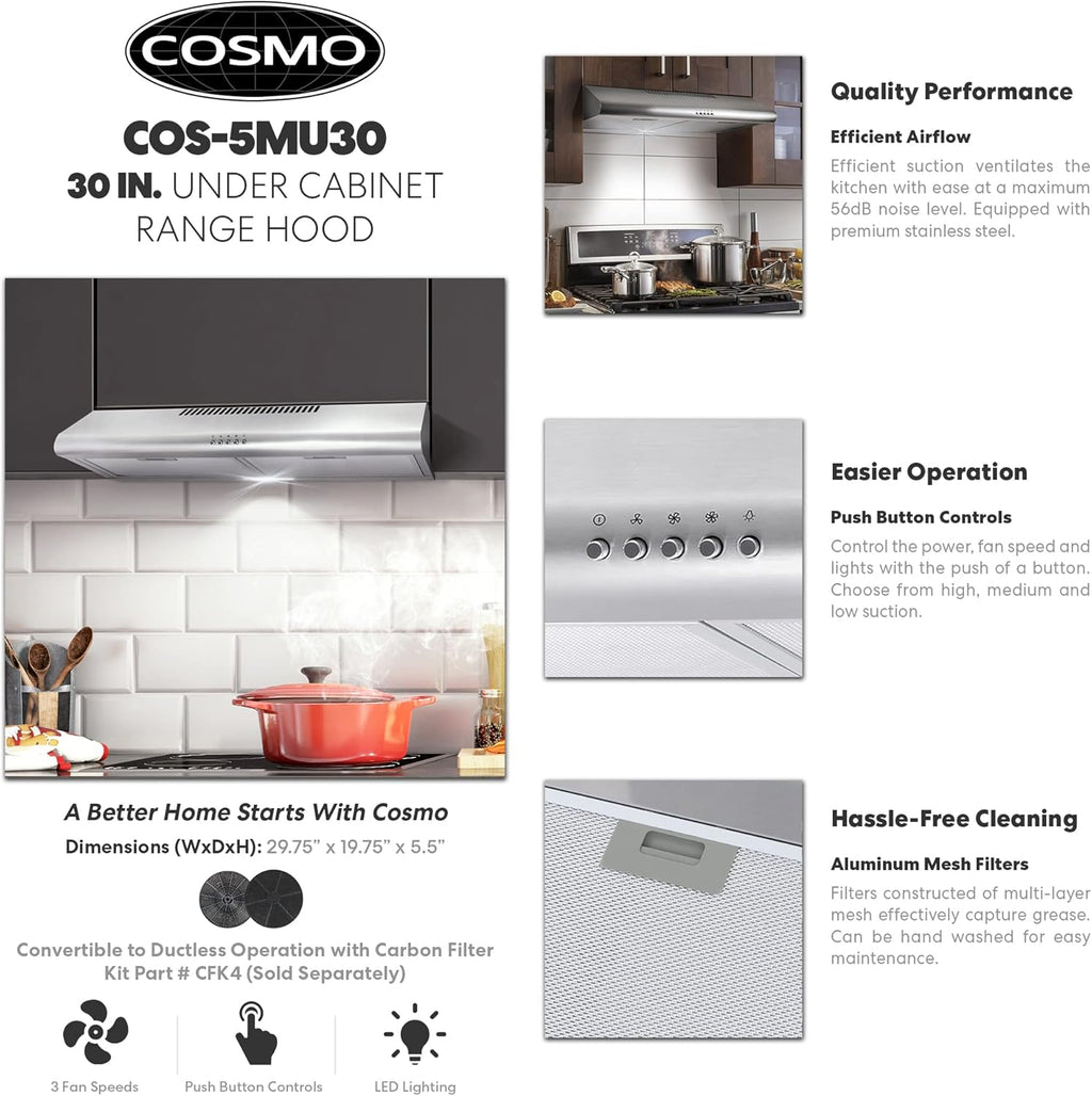 30 in. Under Cabinet Range Hood with 3 Speed Exhaust Fan and LED Lights in Stainless Steel S69687
