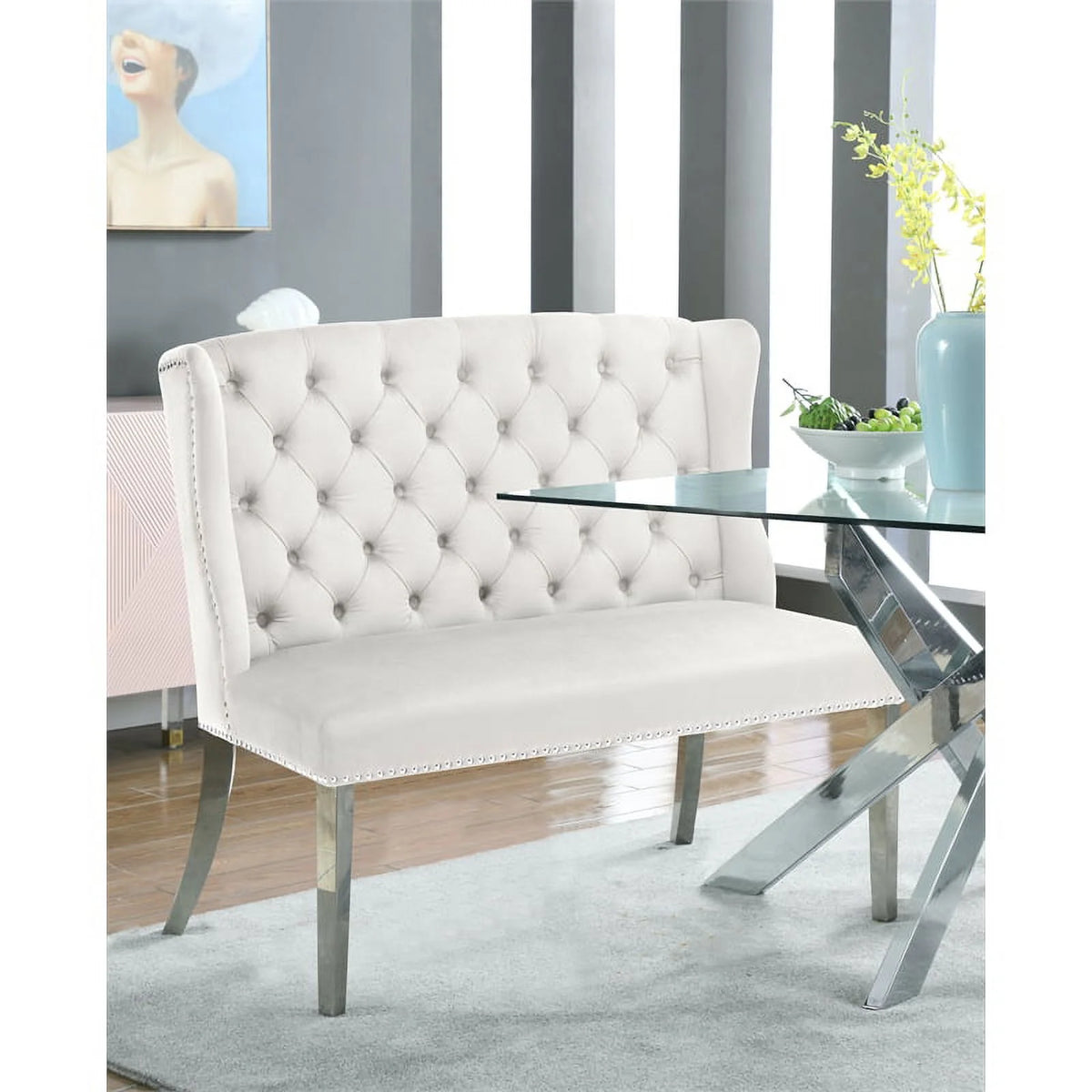 Cream Velvet Settee Bench J423