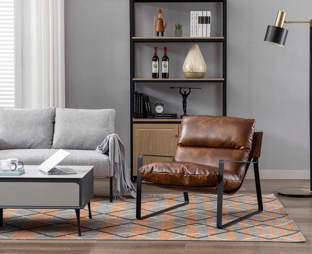 Brown Faux Leather Upholstered Accent Armchair with Metal Base C8843