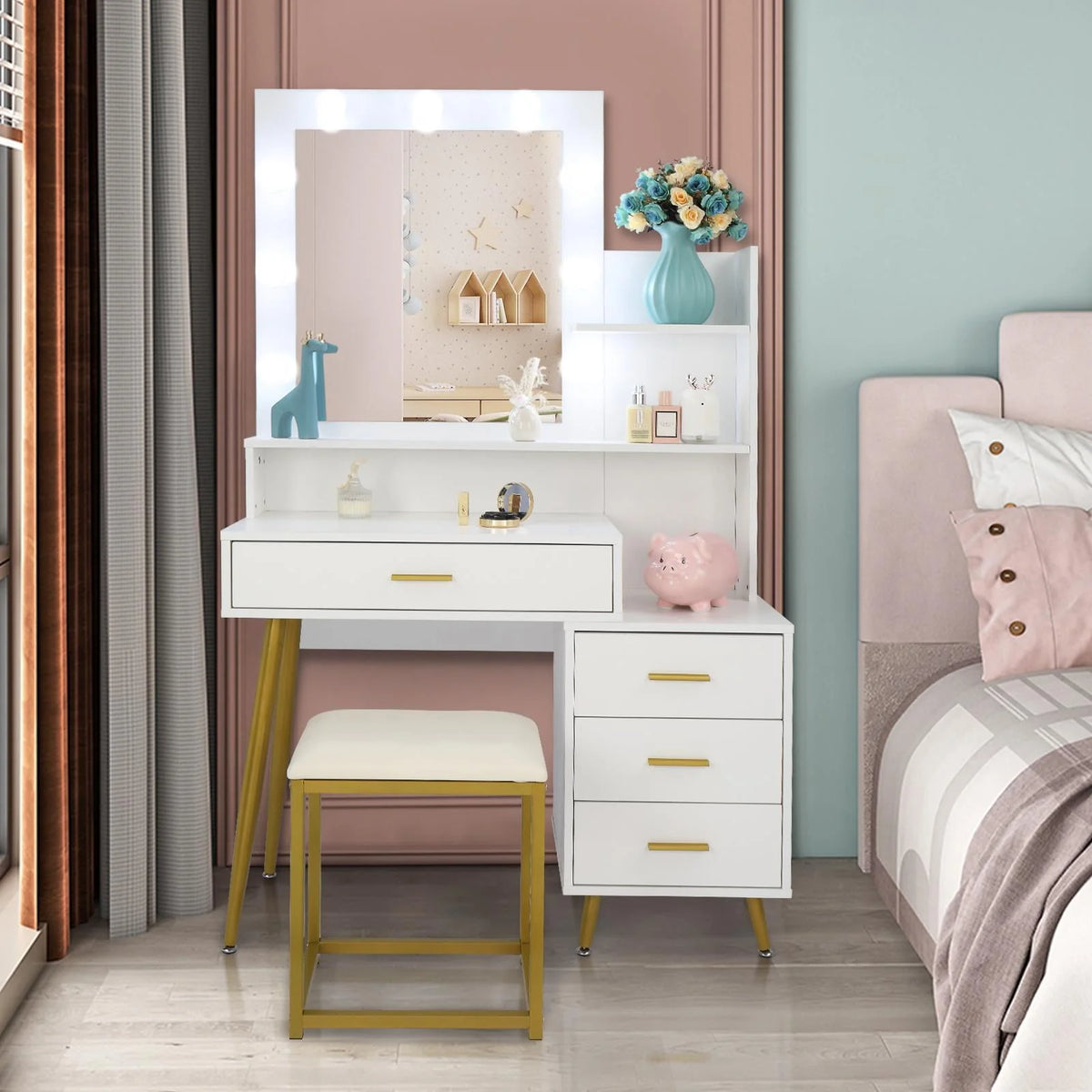 White Vanity Table Set with Lighted Mirror and 4 Drawers B2437