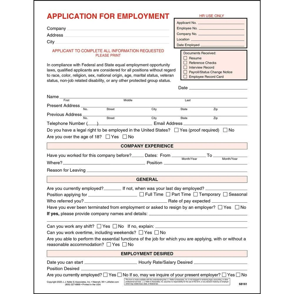 Application for Employment Form 8.5 x 11 25 Pack A29233