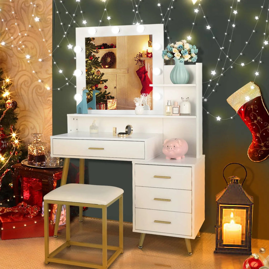 White Vanity Table Set with Lighted Mirror and 4 Drawers B2437