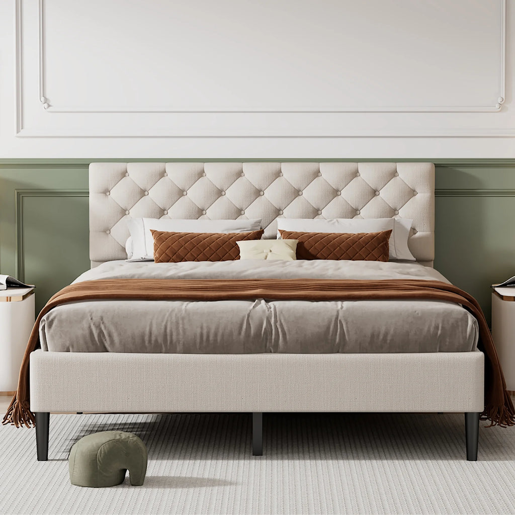 Beige Upholstered Fabric Queen Size Platform Bed Frame with Headboard B439612