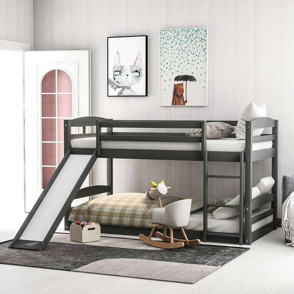 Twin Over Twin Bunk Bed with Slide and Ladder Grey M721