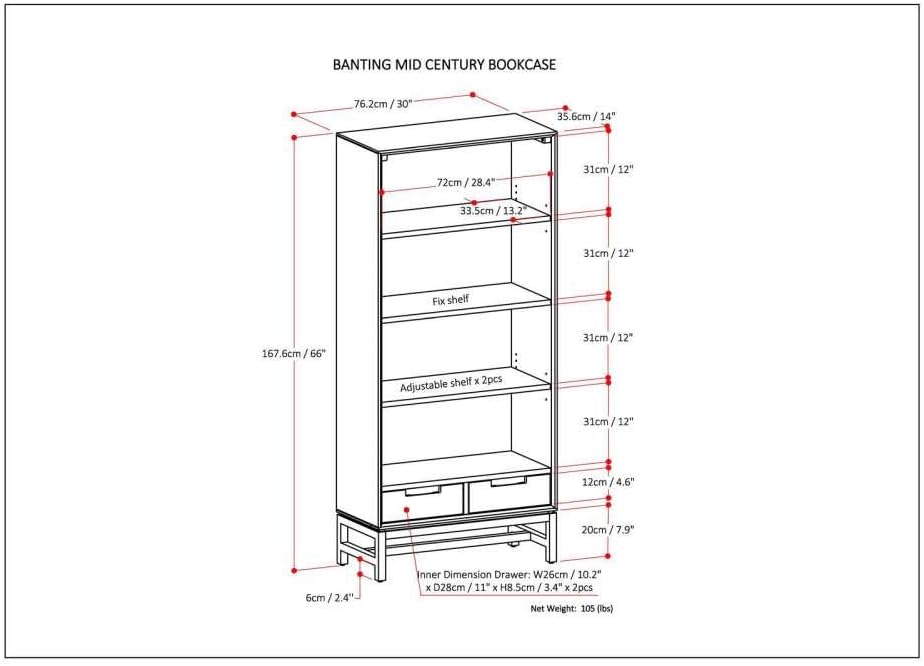 66 inch Walnut Brown Solid Hardwood and Metal Bookcase with 2 Drawers and 4 Shelves O206902