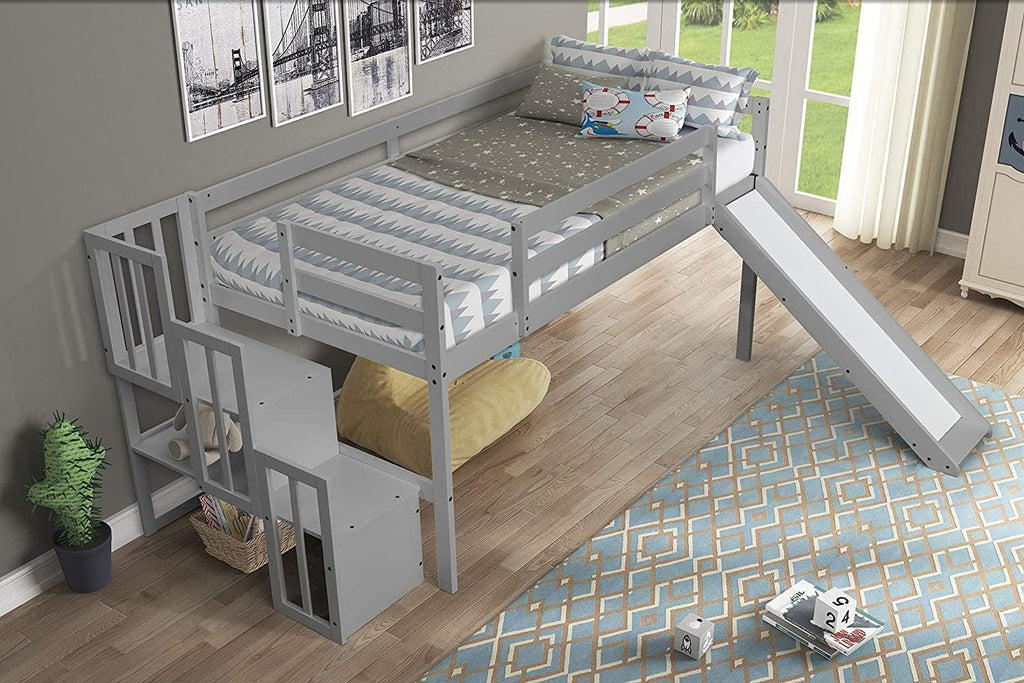 Twin Over Twin Bunk Bed with Slide and Ladder Grey M721