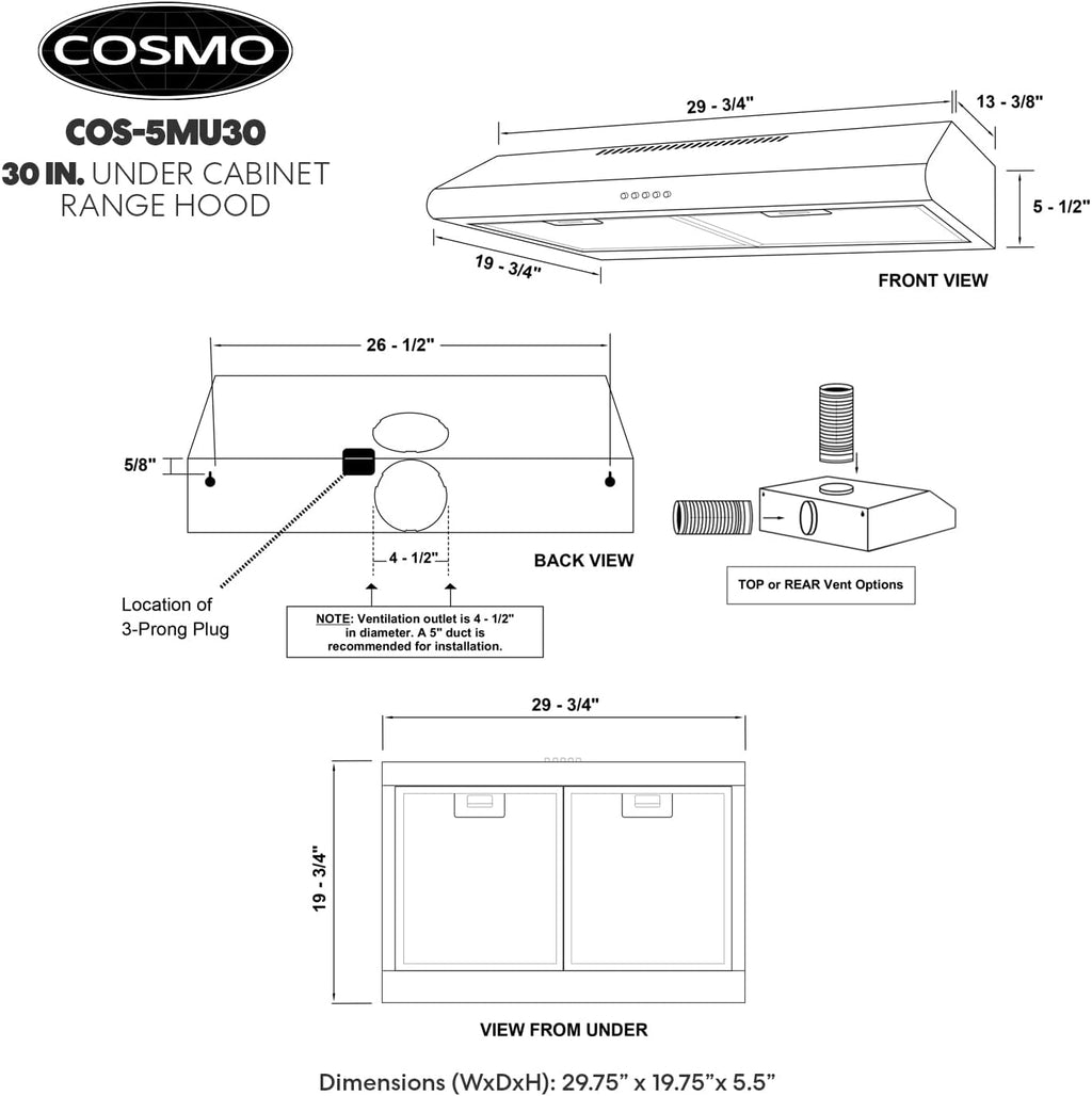 30 in. Under Cabinet Range Hood with 3 Speed Exhaust Fan and LED Lights in Stainless Steel S69687