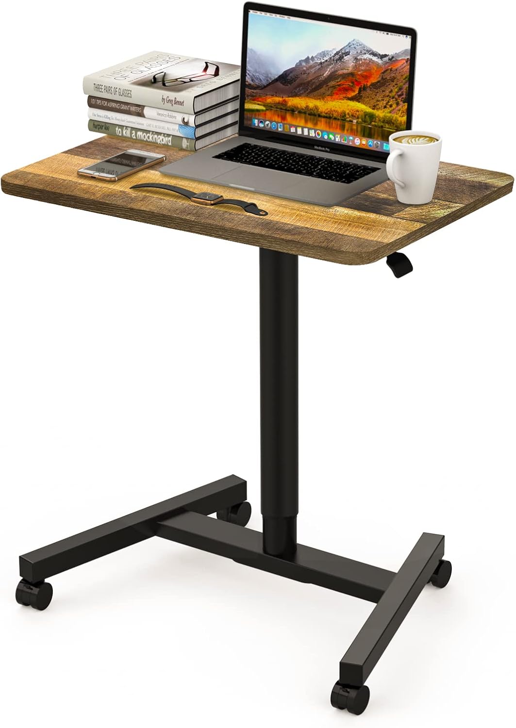 28 Inch Height Adjustable Laptop Sit Stand Desk with Wheels Wood E38361