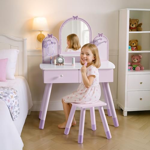 Purple Kids Vanity Set with Mirror, Chair and Storage Drawers J119