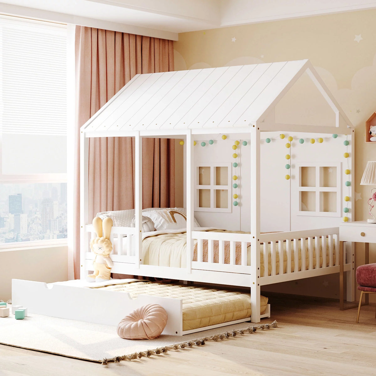 Full Size Wood House Bed with Twin Size Trundle T7592
