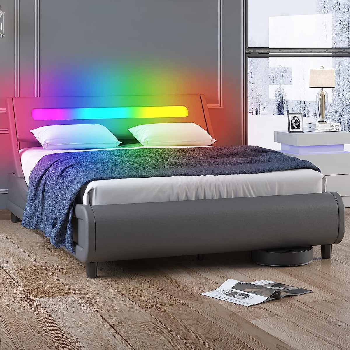 King Size Grey PVC Upholstered Platform Bed Frame M1094