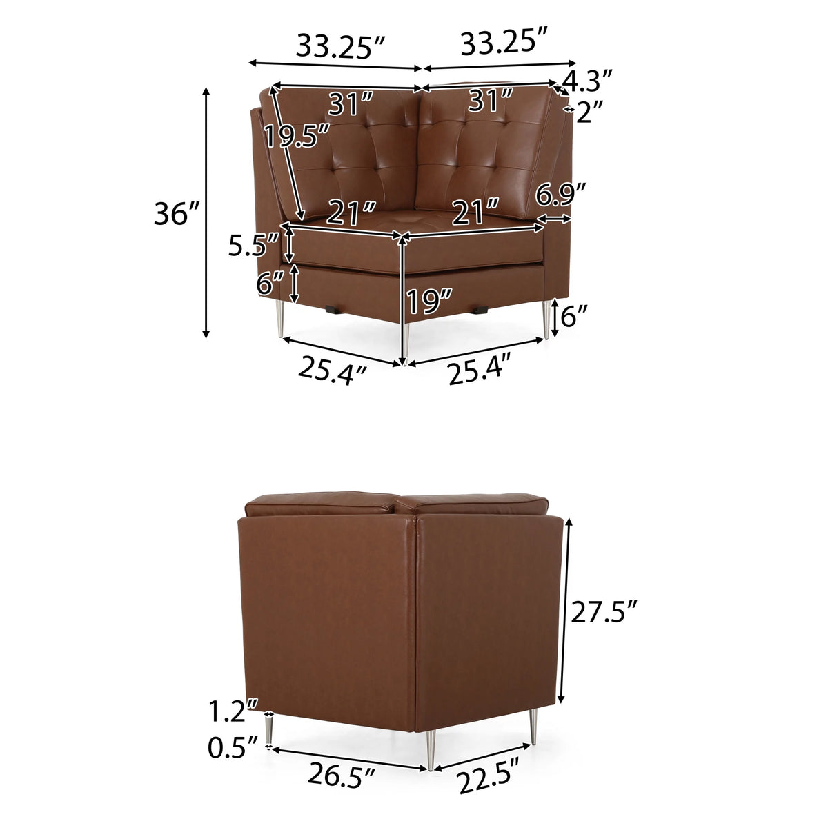 Cognac Brown Faux Leather 5 Seater Sectional Sofa Set E1836