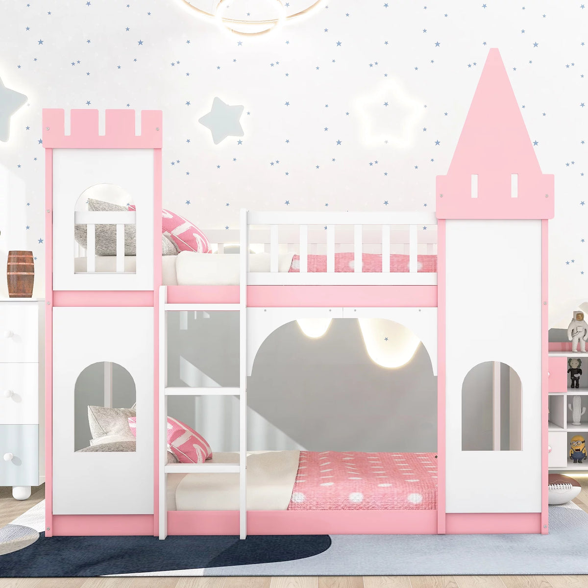 Twin Over Twin Bunk Bed with Ladder Pink X972