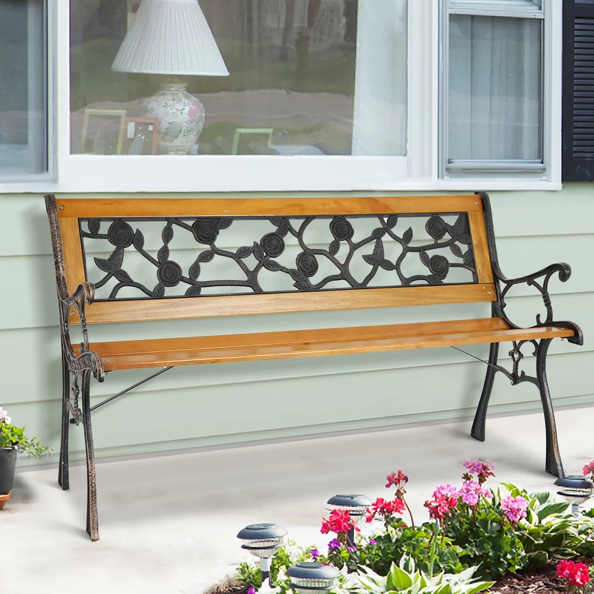 50" Wood Garden Bench with Flower Pattern Backrest K9752