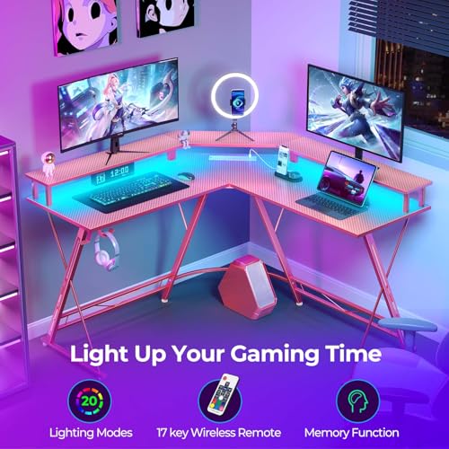 50.4” L-Shaped Gaming Desk with LED Light & Power Outlets G7931