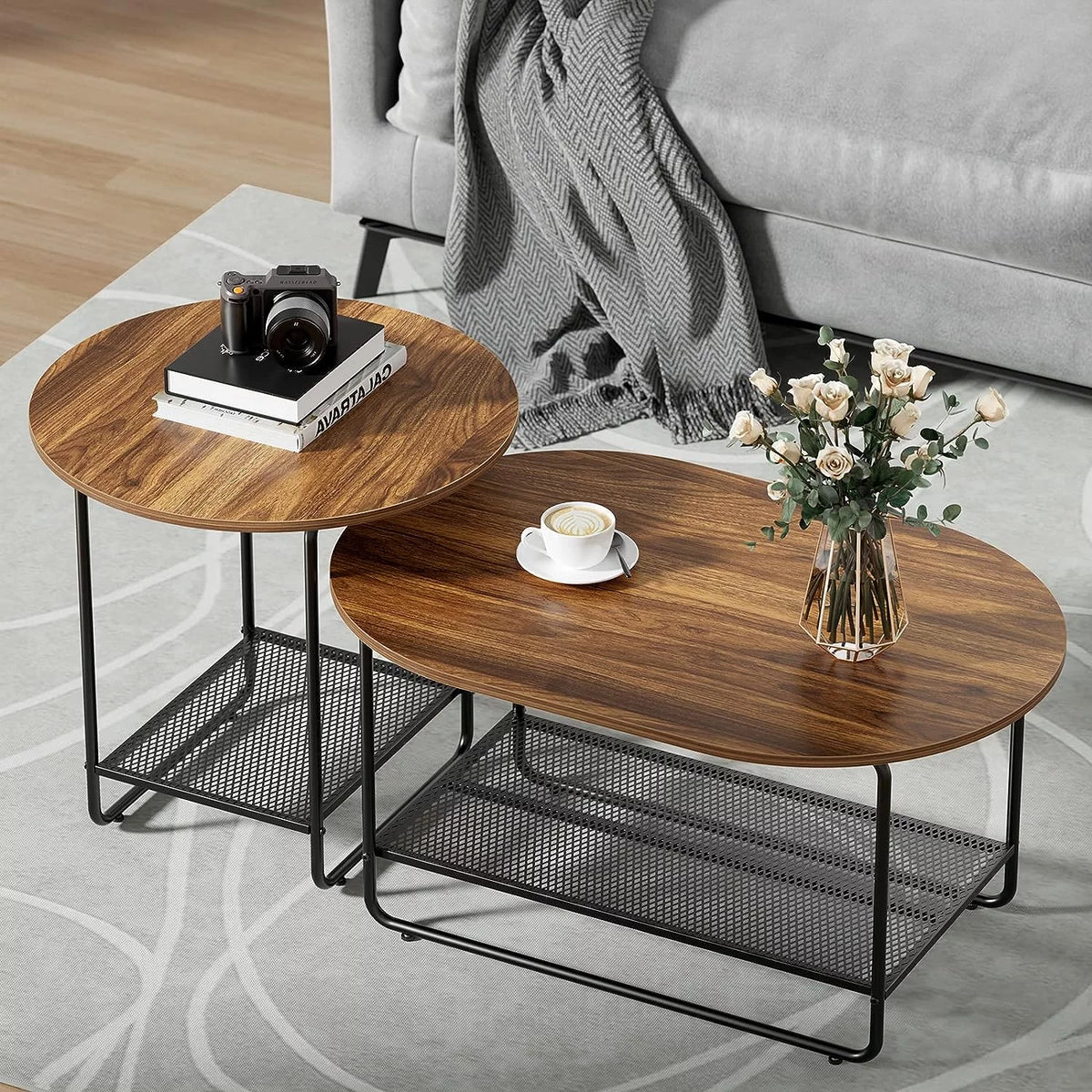 Round Nesting Coffee Table Set of 2 with Metal Frame O8883