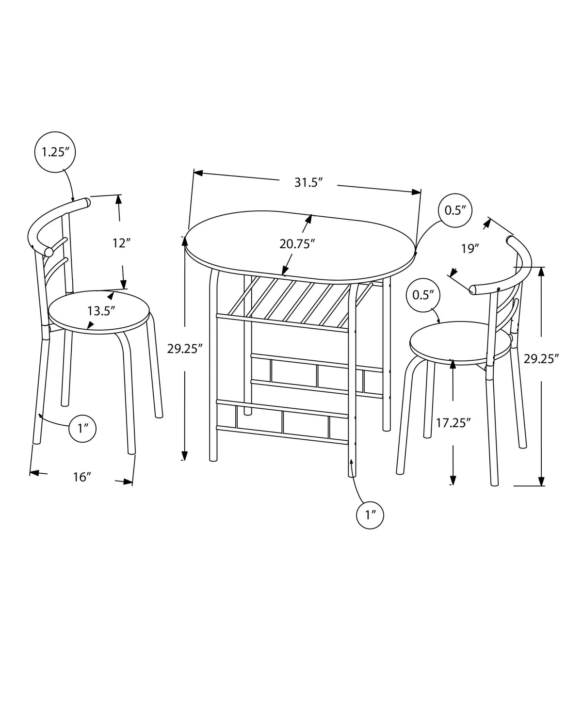 Dining Table Set 3pcs Set 32" L Metal Natural White W91646