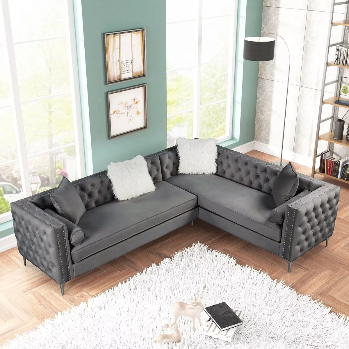 L-Shape Sectional Sofa Velvet Corner Couch Sleeper with Pillows Gray U62625