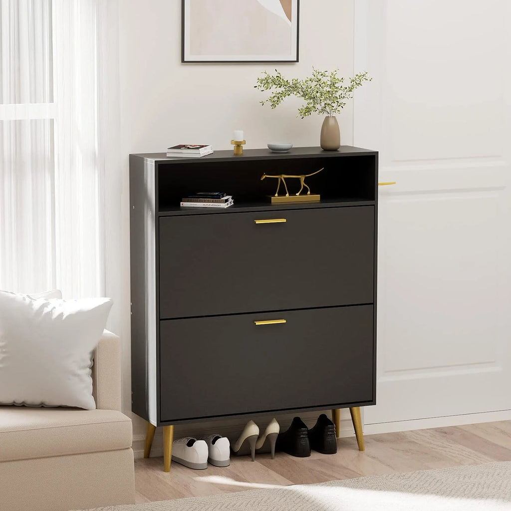 Black Narrow Shoe Cabinet with 2 Flip Drawers O56551