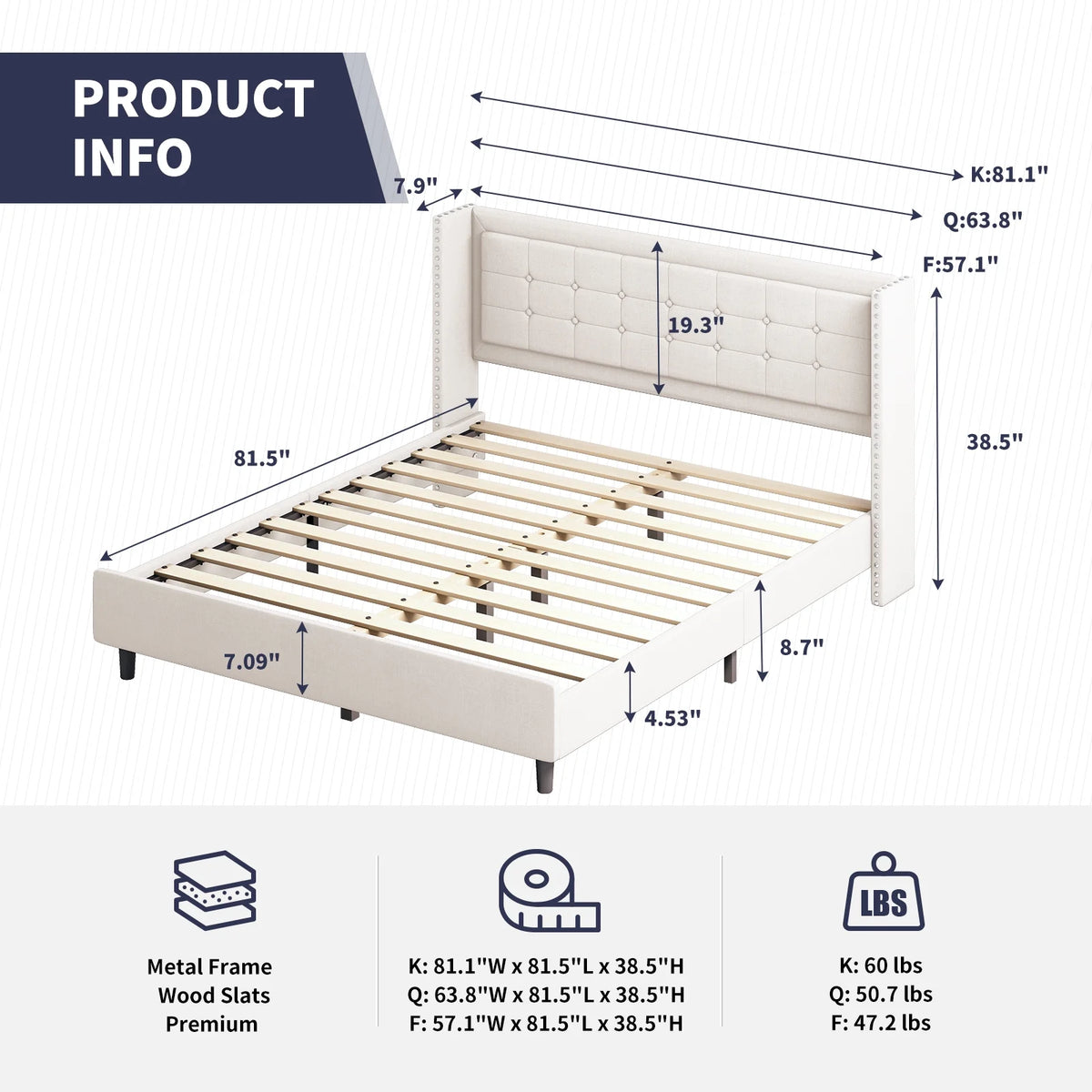 King Size Linen Upholstered Platform Bed Frame with Headboard P506