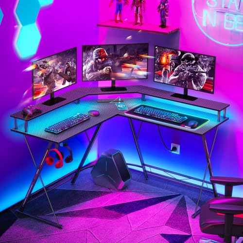 50.4” L-Shaped Gaming Desk with LED Light & Power Outlets G7931