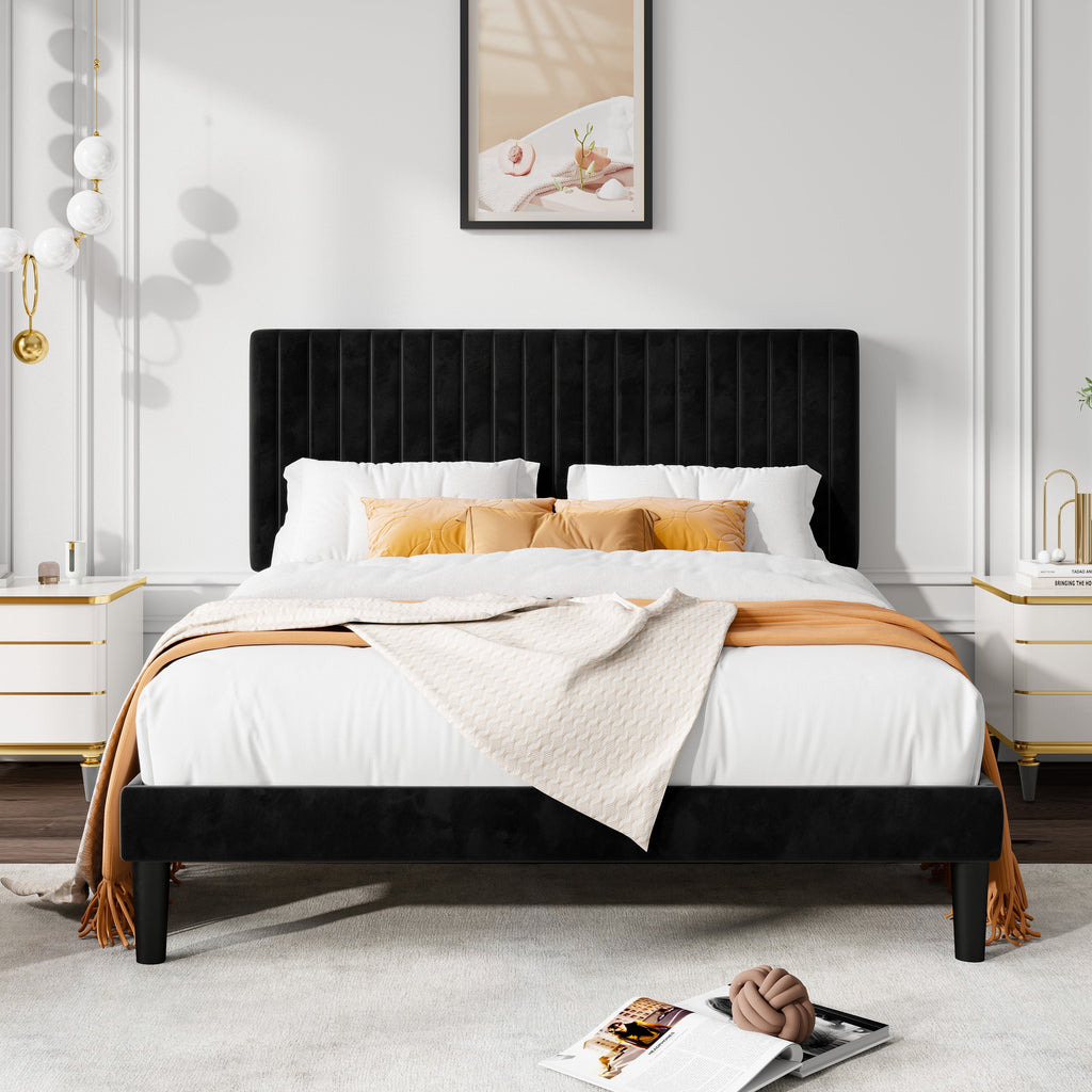 Queen Size Black Velvet Upholstered Platform Bed Frame M3027