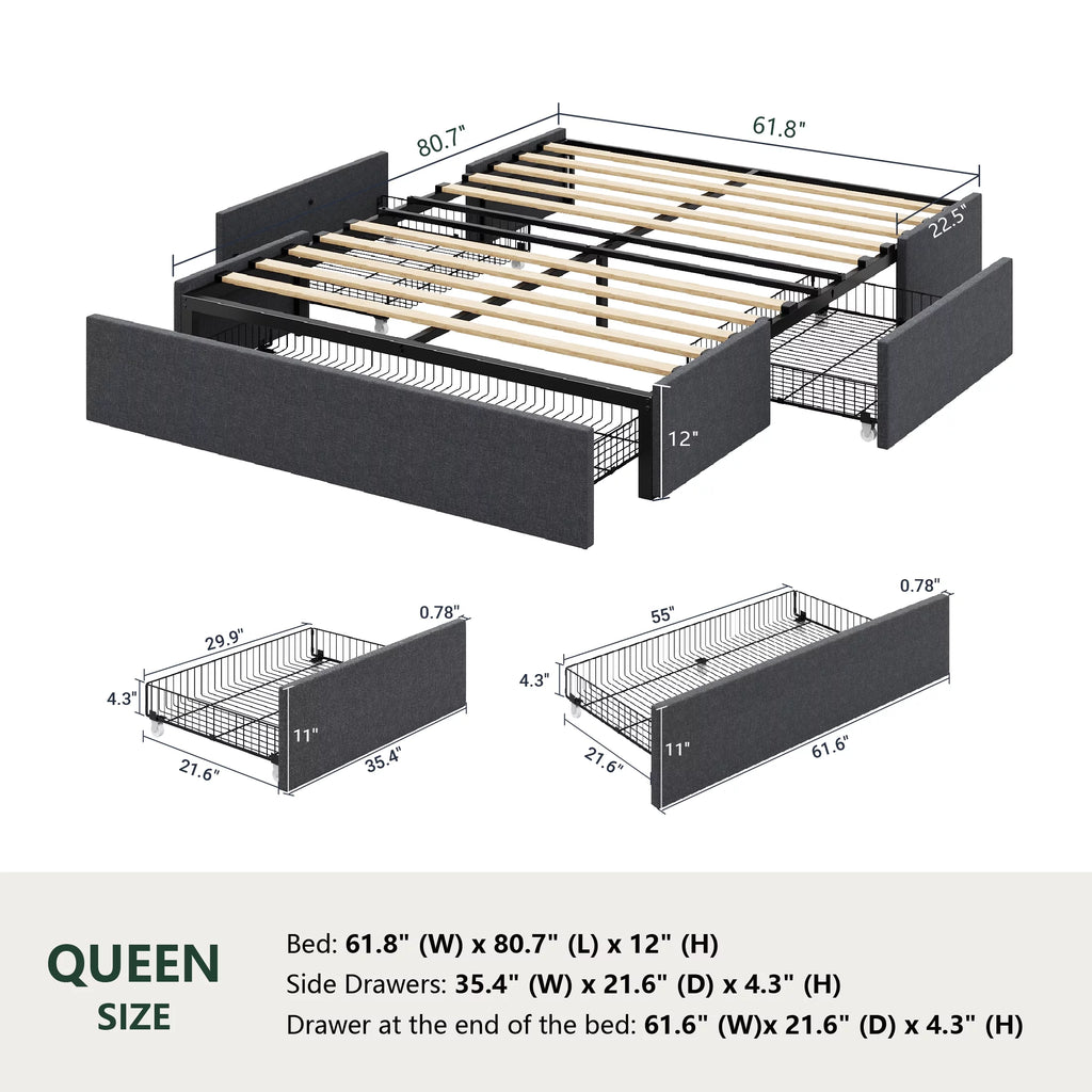 Queen Size Upholstered Platform Bed Frame with 3 Storage Drawers Y47135
