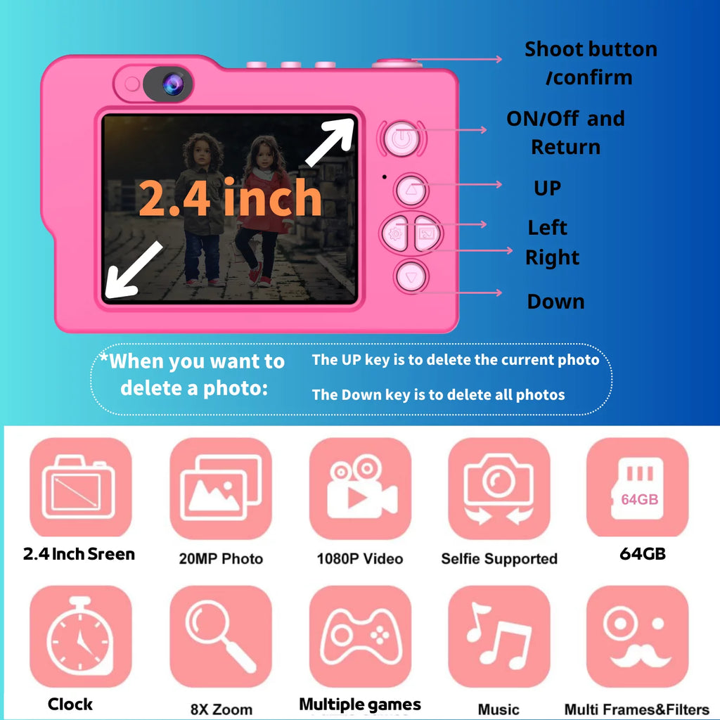 Pink Kids Camera with 2.4 Inch HD Screen C6787