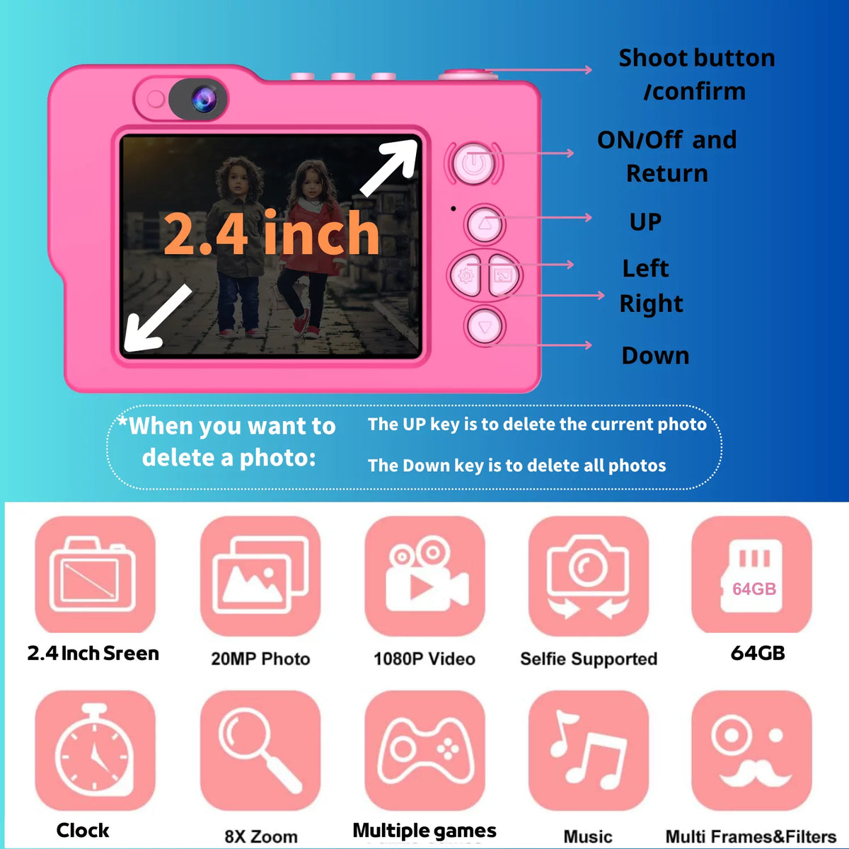 Pink Kids Camera with 2.4 Inch HD Screen C6787
