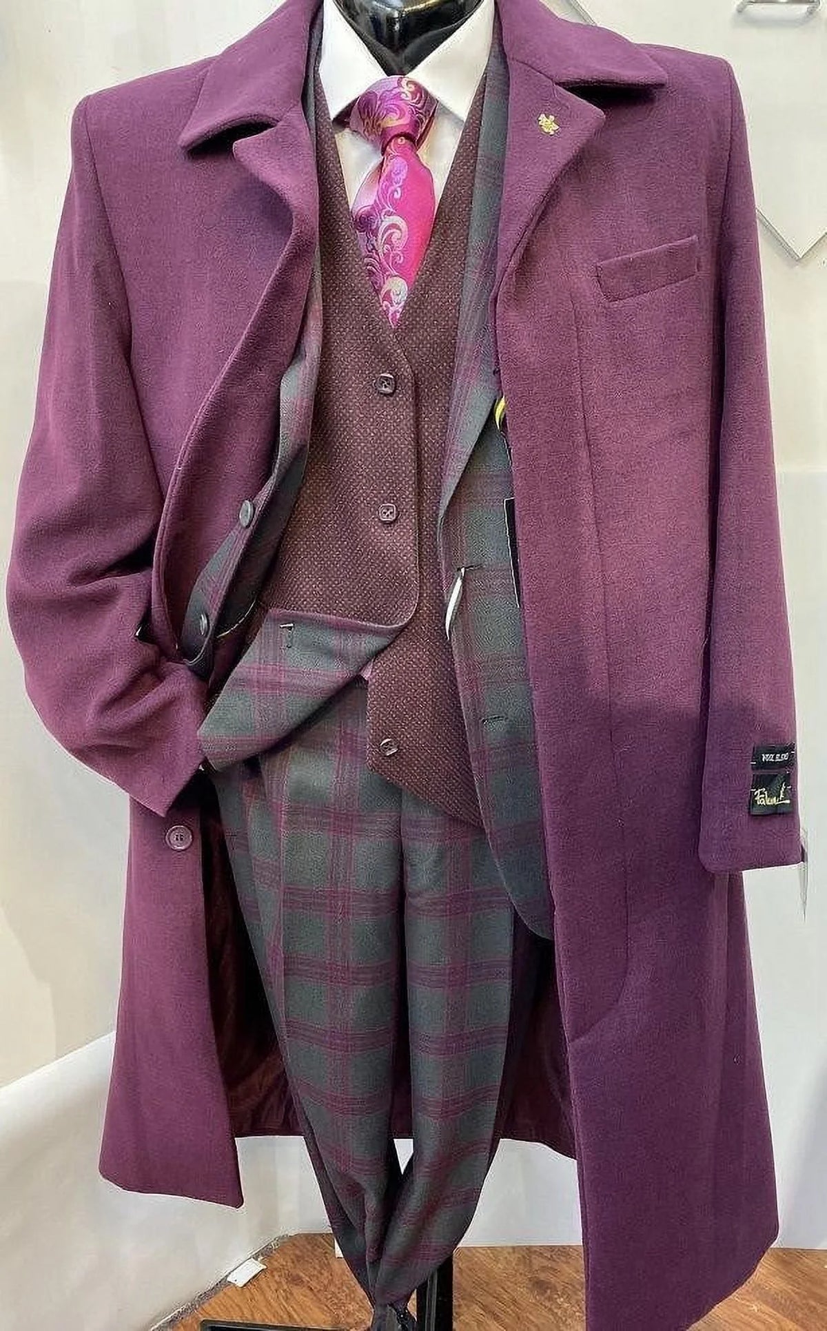 Burgundy Full Length Belted Wool Topcoat P36854