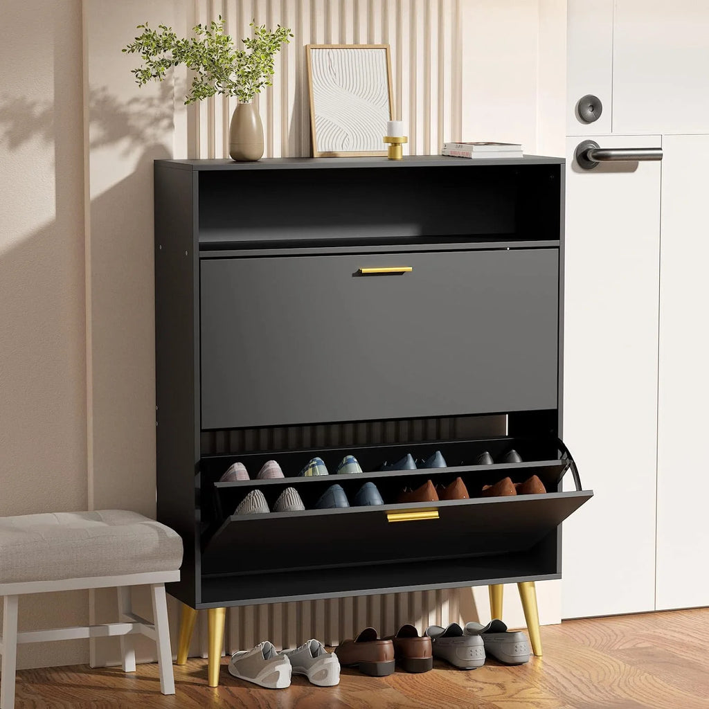 Black Narrow Shoe Cabinet with 2 Flip Drawers O56551