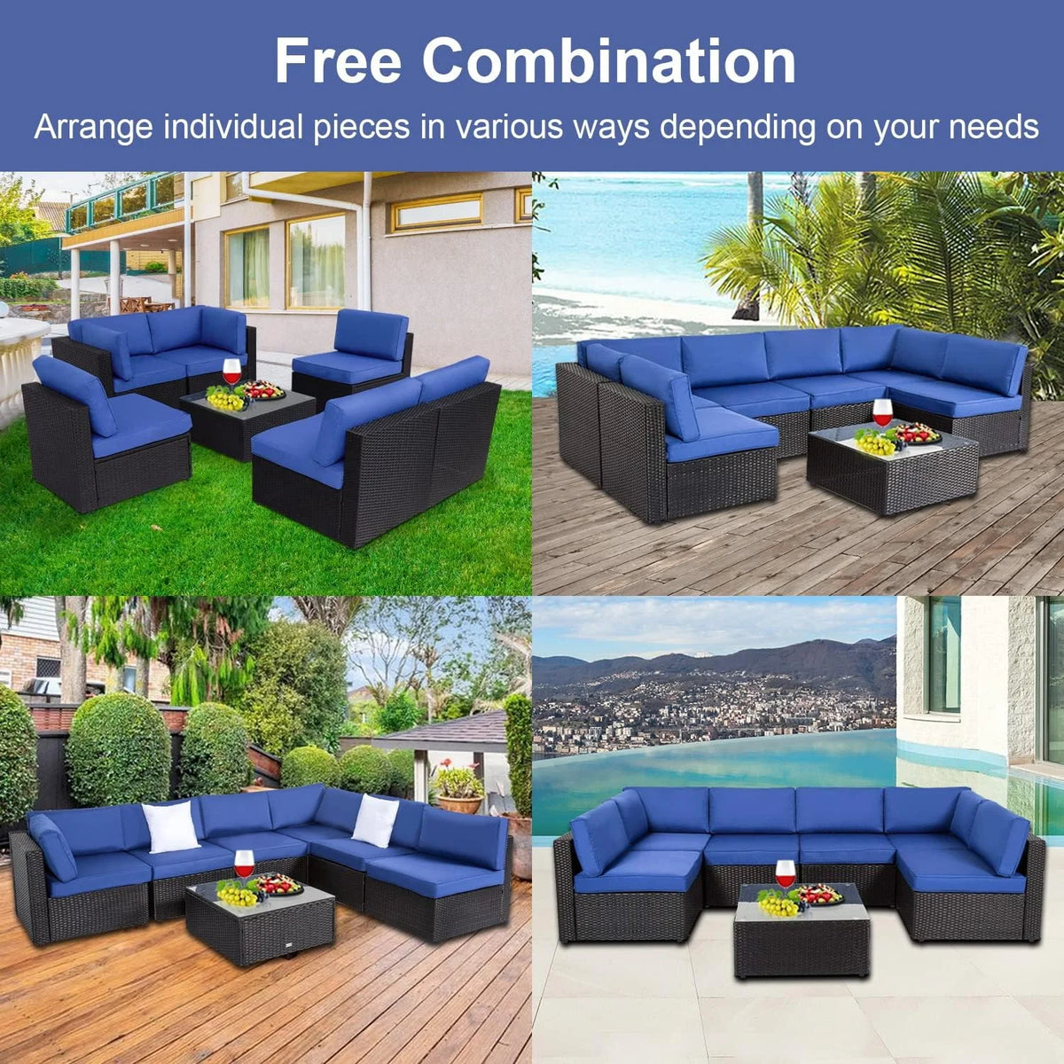 7 Pcs Patio Furniture Set Wicker Rattan Sofa I648