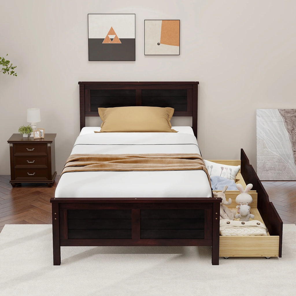 Twin Size Wooden Bed Frame with 2 Storage Drawers H113