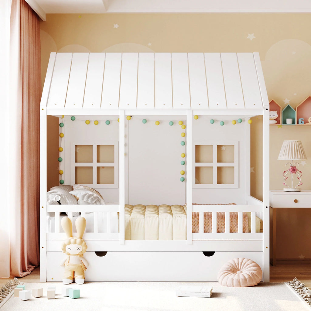 Full Size Wood House Bed with Twin Size Trundle T7592