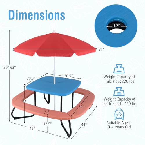 8 Seat Kids Picnic Table with Umbrella and Benches F45221