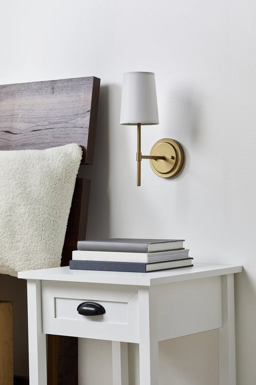 1 Light Burnished Brass Wall Sconce with White Fabric Shade N789