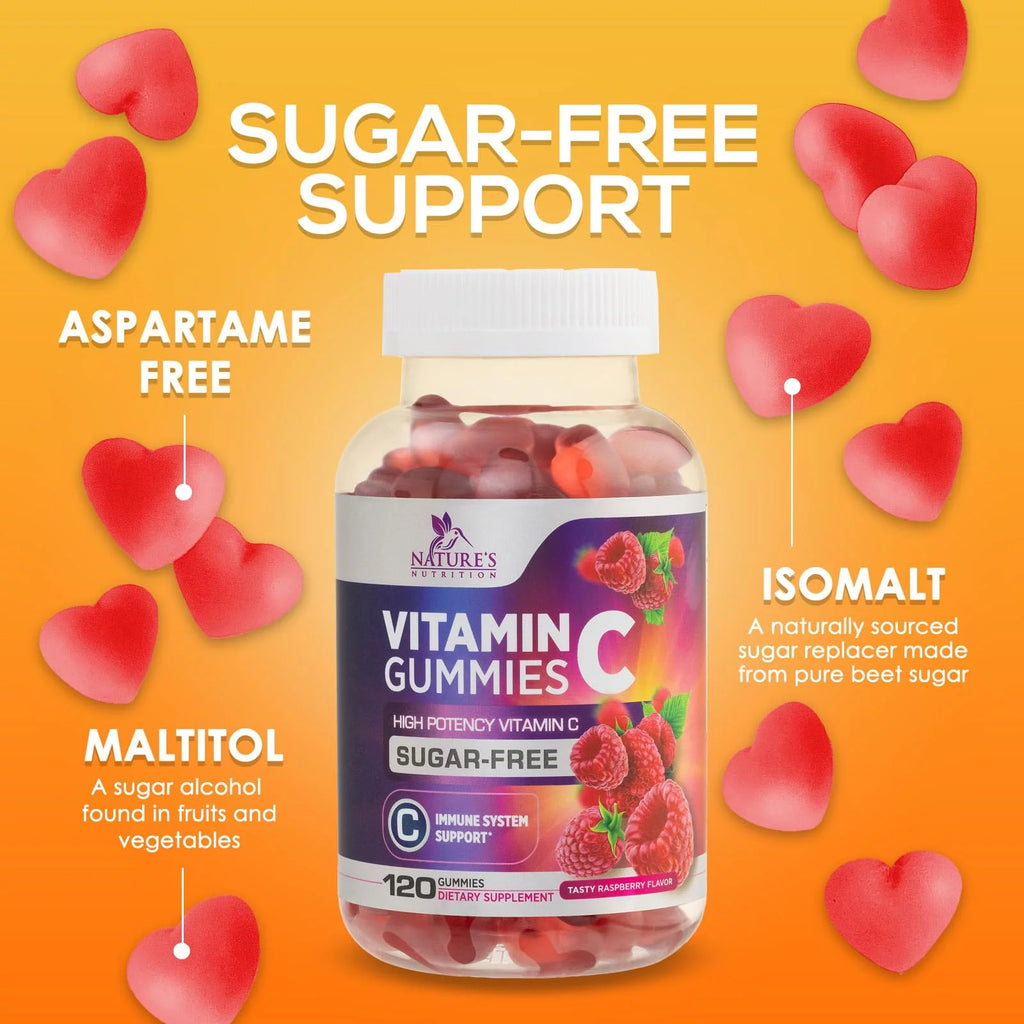 Sugar Free Vitamin C Gummies - Vegan, Non-GMO, Dairy & Gluten Free - Raspberry Flavor - 120 Count R16543