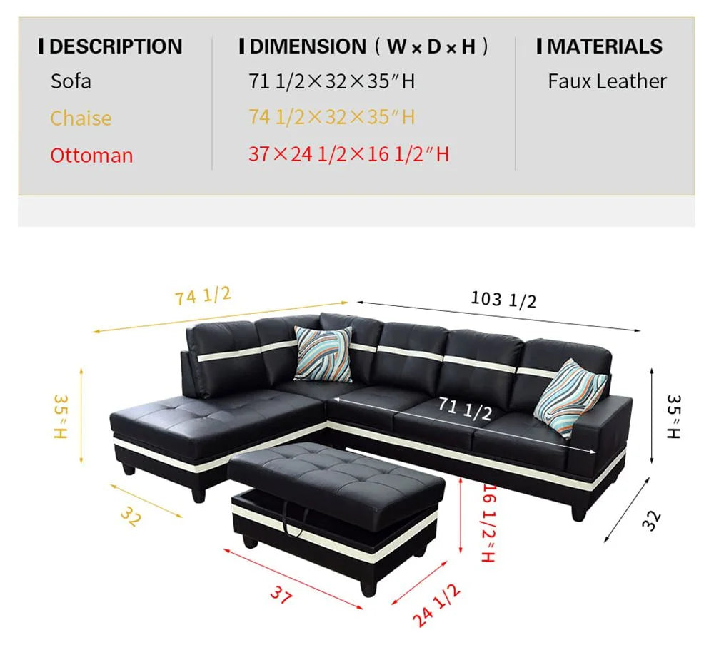 Black & White Faux Leather Sectional with Ottoman Left Hand Facing B35435