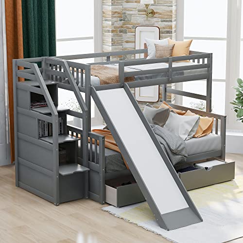 Twin over Full Wooden Bunk Bed with Storage Staircase, Drawers and Slide, Gray A5348