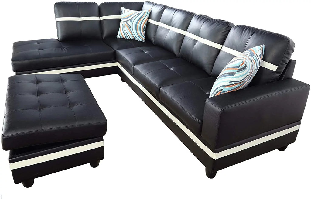 Black & White Faux Leather Sectional with Ottoman Left Hand Facing B35435
